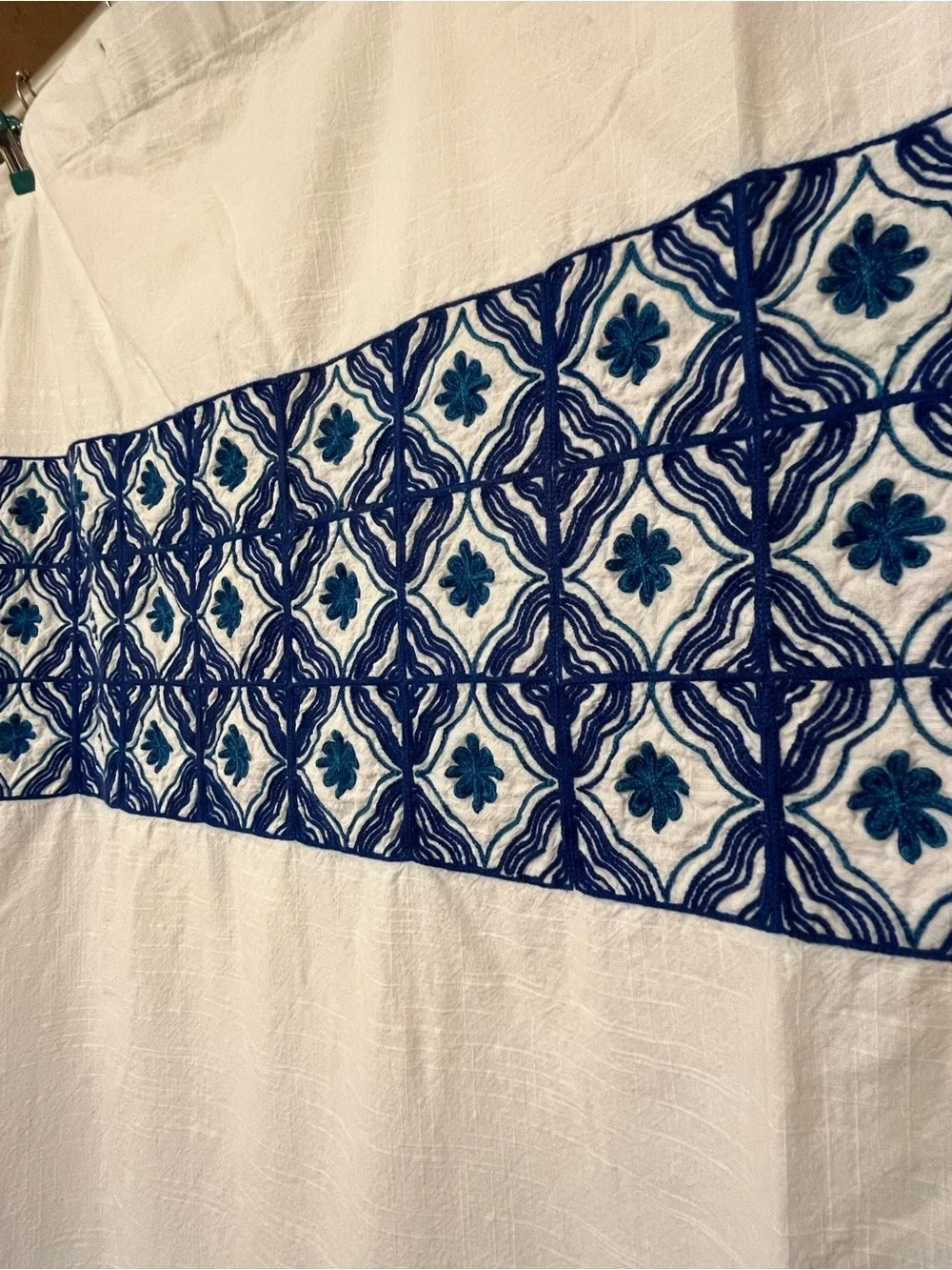 Threshold White with Blue Tile Embroidery Shower Curtain - Small Stains